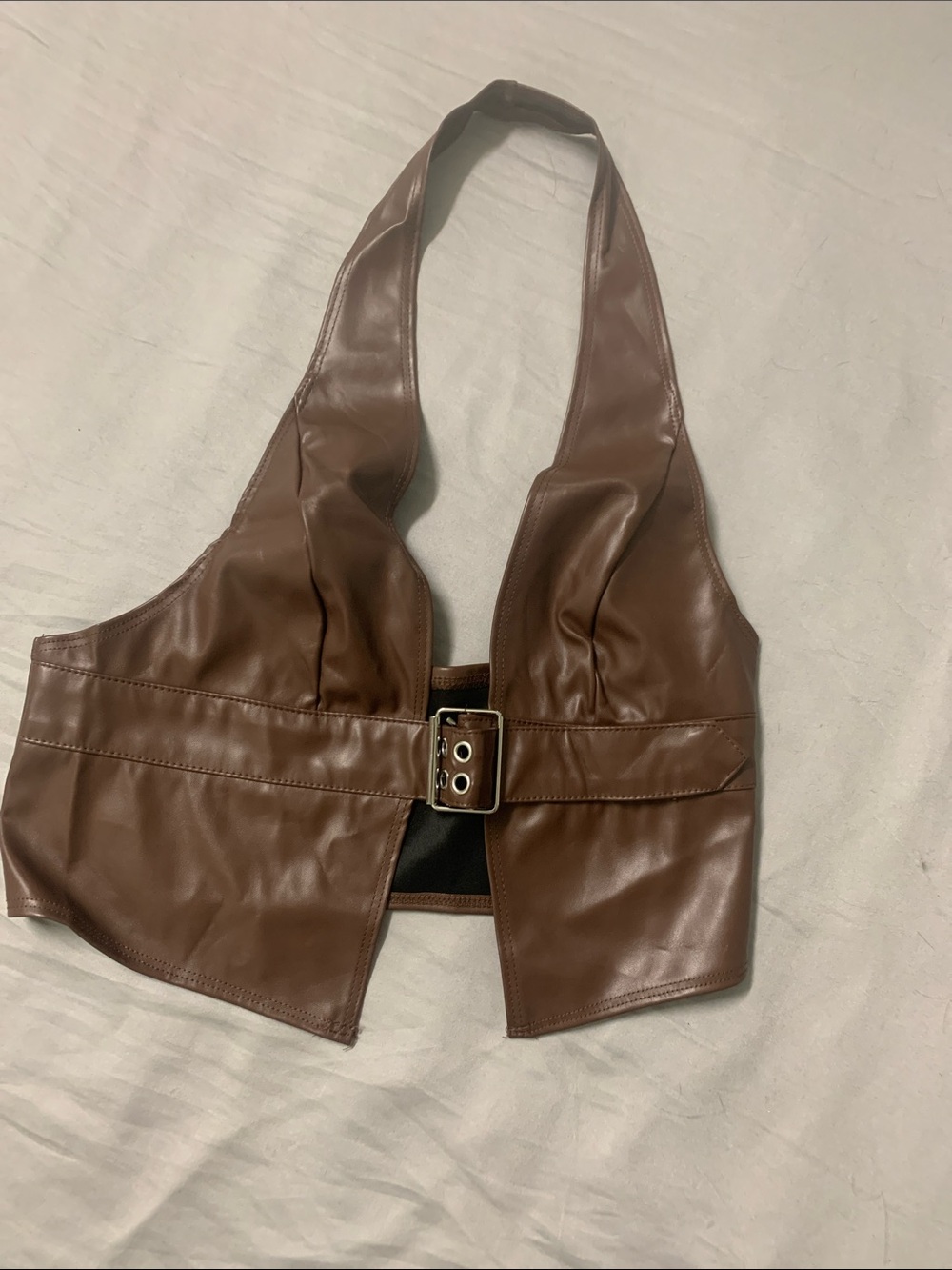 Brown Faux Leather Halter Vest with Center Buckle Detail